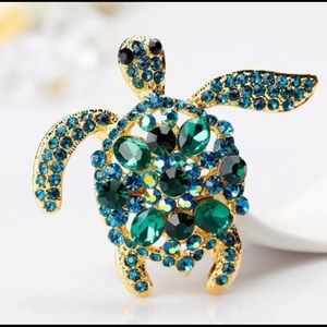 🆕Green/ Aqua Blue Rhinestone Sea Turtle Brooch